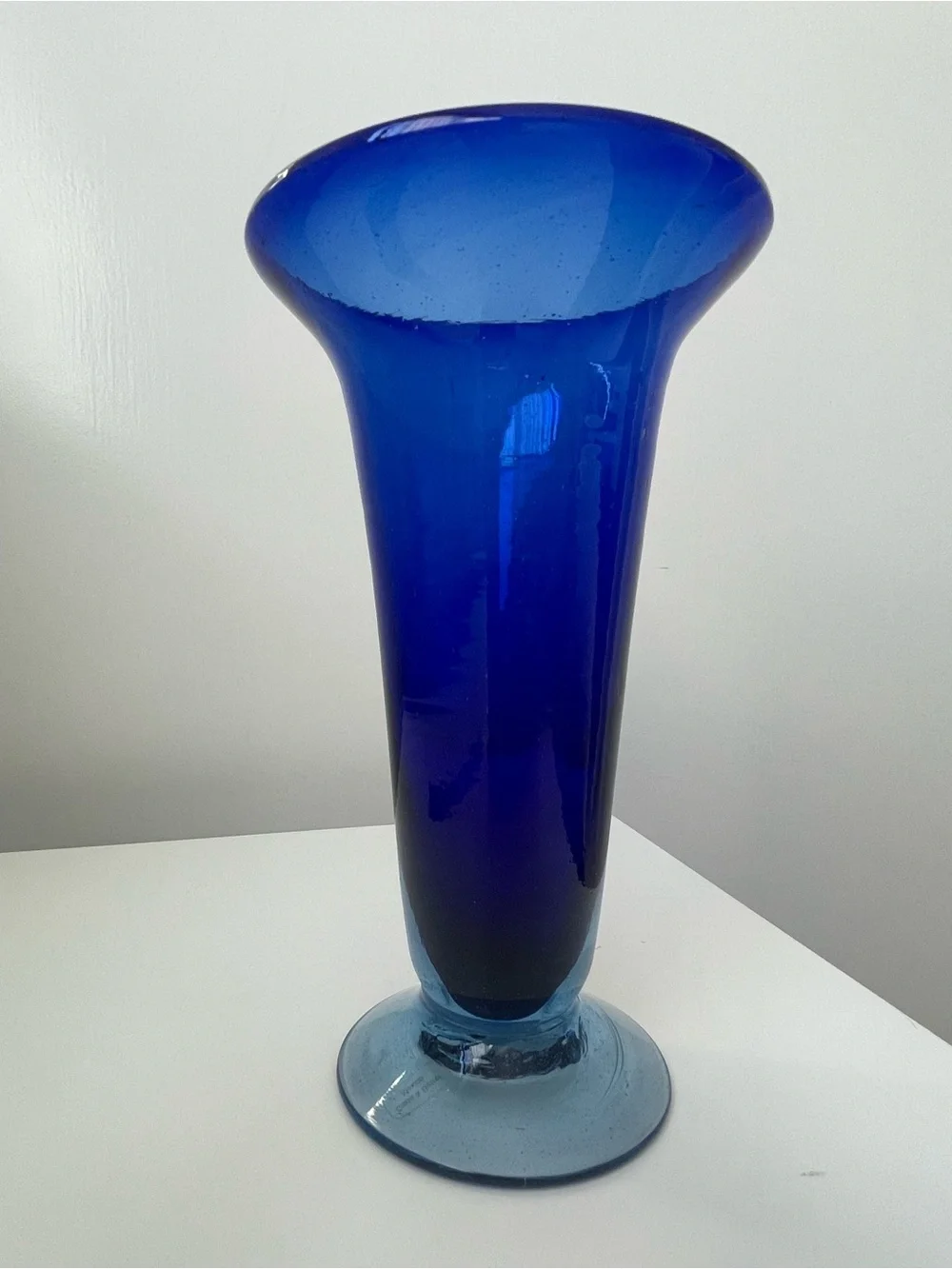 Crate & Barrel Hand Blown Mexican Cobalt Blue Art Glass Trumpet Vase 7.5